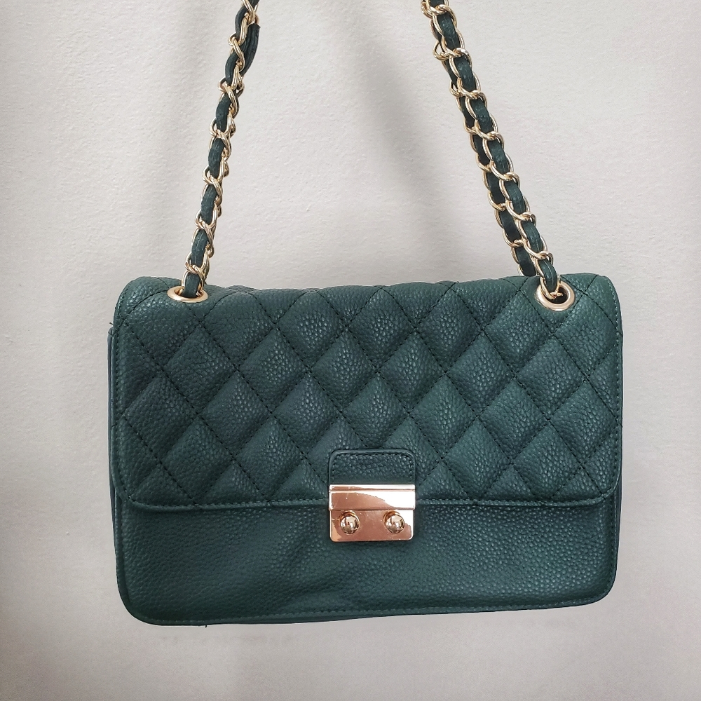 Forest Green Quilted Handbag with Chain Straps | Green Quilted Purse | Chain